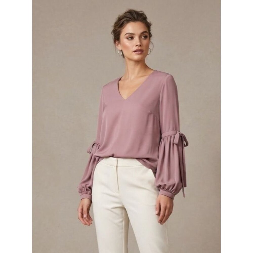 Amanda Uprichard Dusty Rose Blouse Sz‎ Petite V-Neck Tie Sleeve Professional